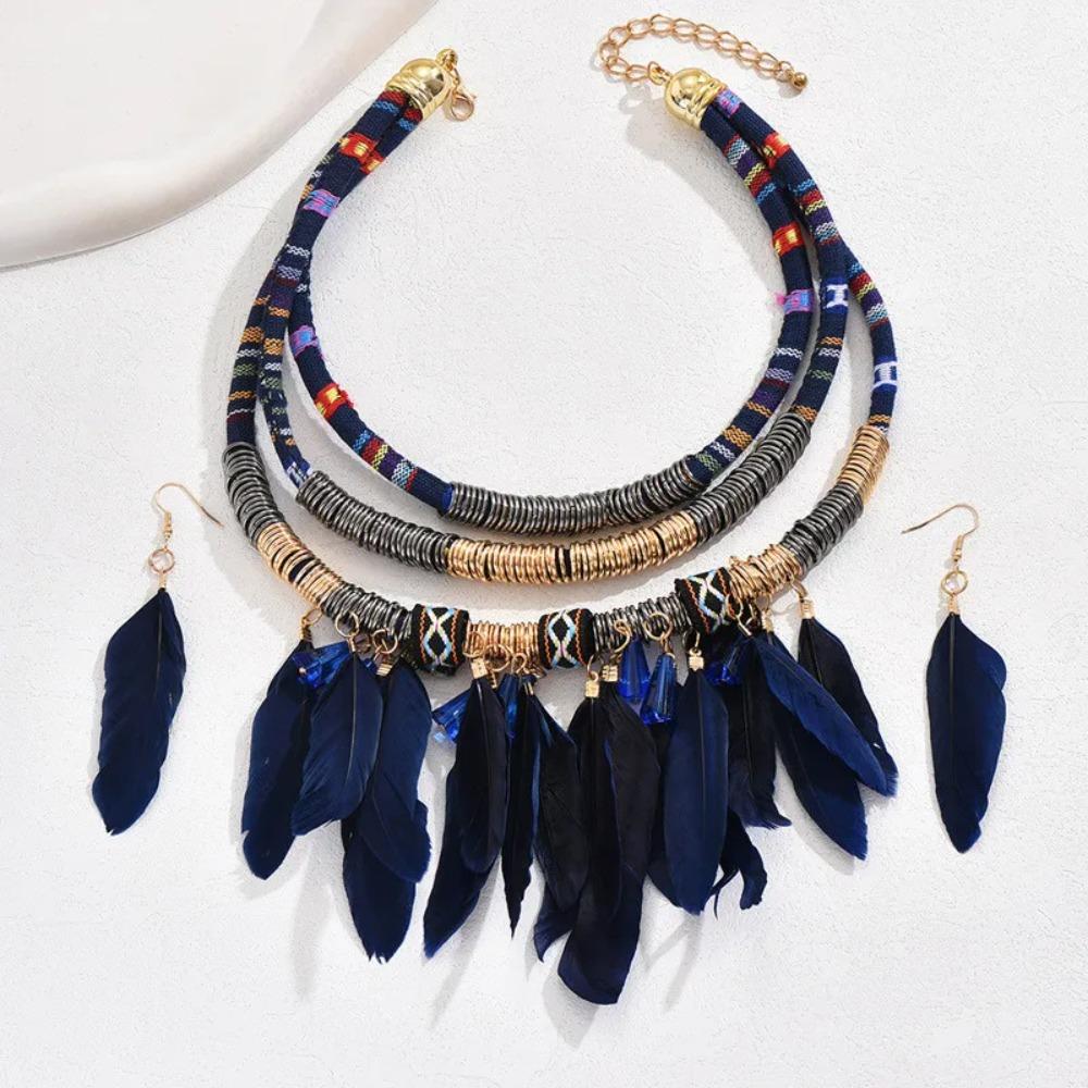 Metal Ethnic Necklace Multilayer Jewelry Sets Exquisite Necklace Earrings Set Women