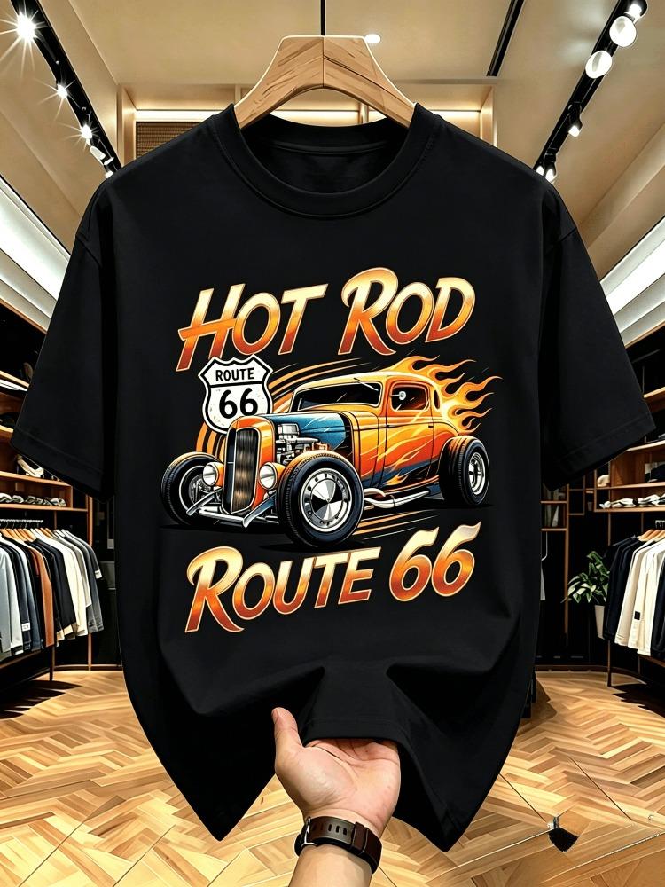 Men O Neck Tee Route 66 Retro Rod Car Graphic Print Cotton Short Sleeve Loose Summer Daily Casu