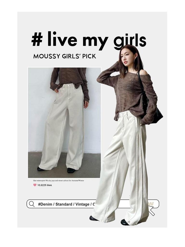 Женские джинсы цвета экрю с высокой посадкой в стиле ретро и широкими штанинами, осень/зима 2025: Свободные, стройнящие брюки прямого кроя длиной до пола.