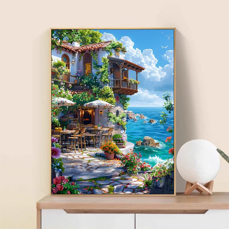 5d DIY Diamond Painting Cross Stitch Seaside Restaurant Scenery Diamond Embroidery Mosaic Full Round Drill Home Decor