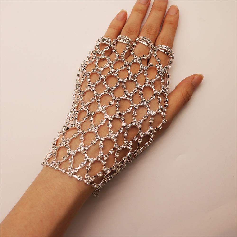 New Bridal Rhinestone Ring Back Chain, European And American Mesh Stage Performance Hand Jewelry Women'S Ring Bracelet