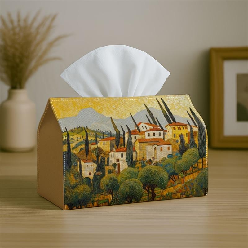 1pc Mediterranean Impressionist Landscape Tissue Box-Tuscan Village Hill Warm,Durable Napkin Organizer for Car,Kitchen,Dining,Home Decor-Decorative Ta