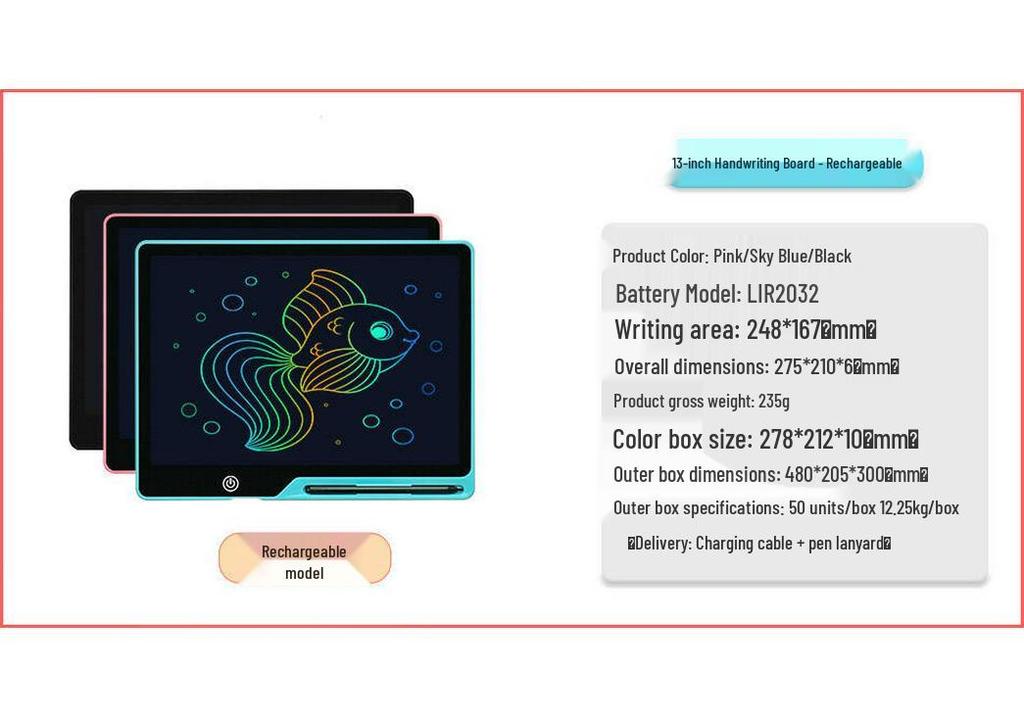 Большая LCD доска для рисования и письма с зарядкой: 13", 16", 20" - Детская доска для рисования и письма