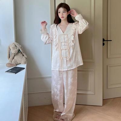 Пижама женская весна и осень новые брюки из ледяного шелка с длинным рукавом пряжка из двух частей этнический стиль домашняя одежда для экстерьера