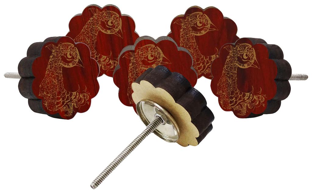 IBA Indianbeautifulart Brown Engraved Knobs 10 Pc Furniture Wooden Scallop Knobs Rustic Drawer