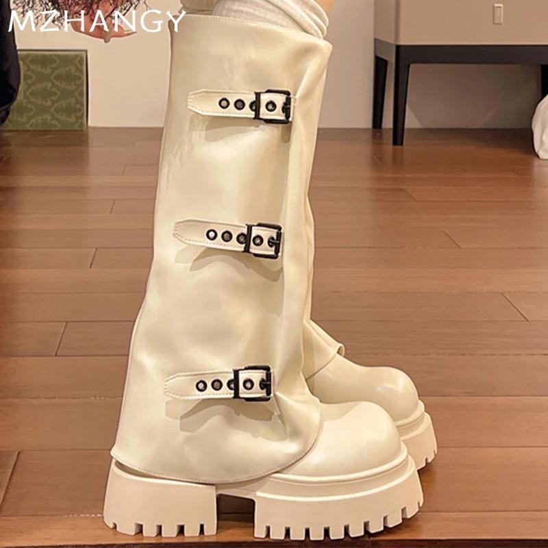 Женские высокие сапоги на платформе, кожаные туфли на плоской подошве, высокие сапоги до колена, женская тенденция 2025 года, зимние модные дизайнерские готические мотоциклетные сапоги Mujer