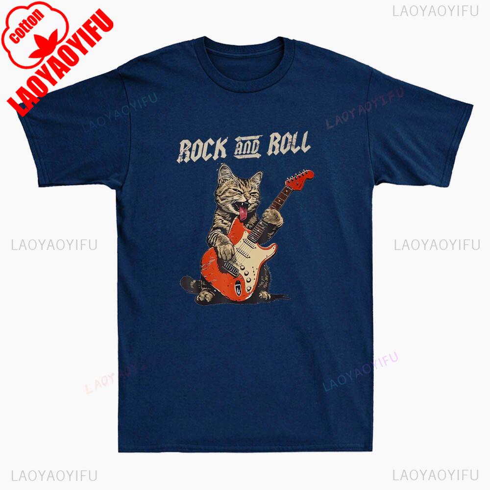 Rock and Roll Guitar Cat Tshirt Funny Cat Playing Guitar Graphic Vintage Mens TShirt Men Summer Crewneck Cotton Short Sleeve