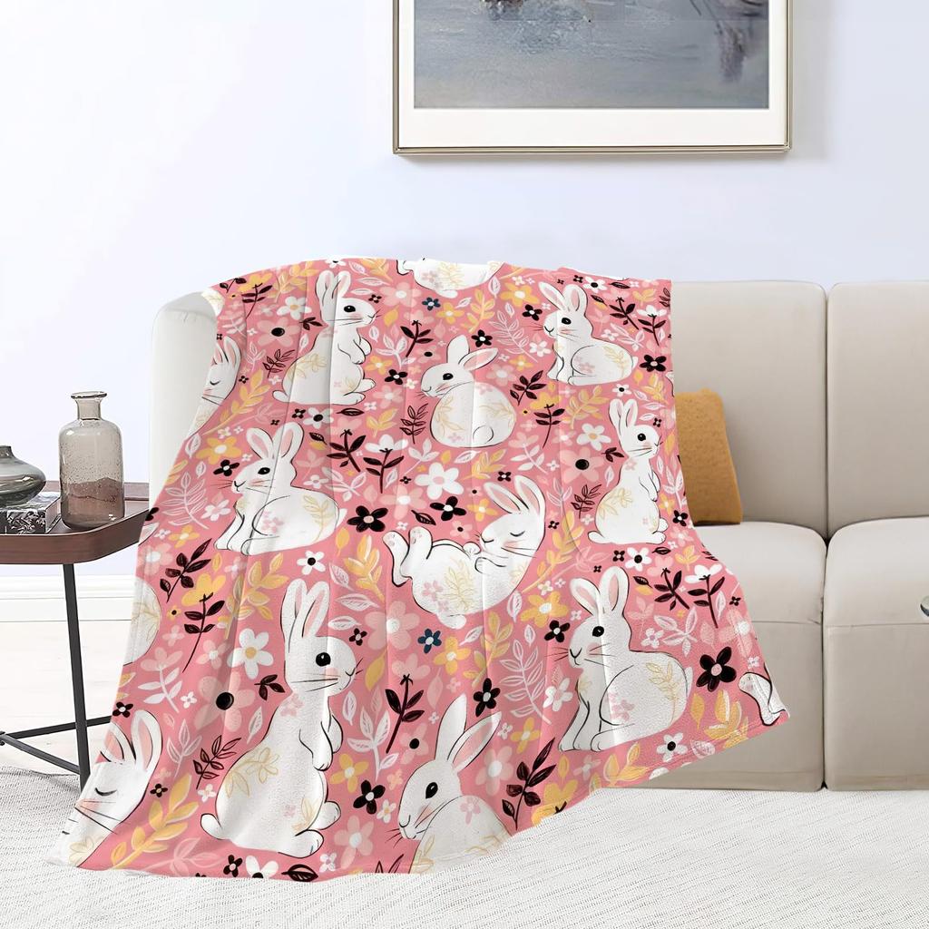 Cute Rabbit Blanket Cartoon Animal Pattern Portable Soft Blanket Sofa Bedroom Flannel Blanket
