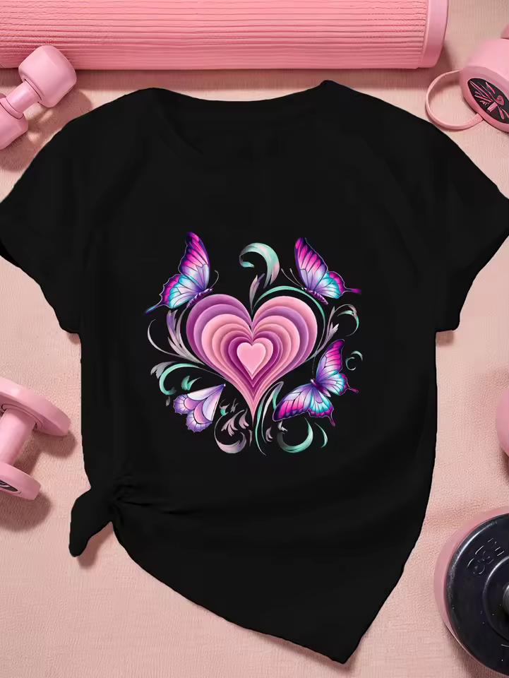 Women's Casual T-Shirt with Butterfly Heart Design Sleeve Round Neck Breathable Summer Short Sleeved Harajuku Streetwear Tops