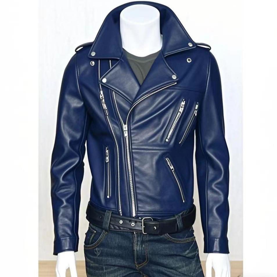 Autumn and winter leather jacket men's new leather jacket men's stand-up collar slim PU leather top trendy men's jacket