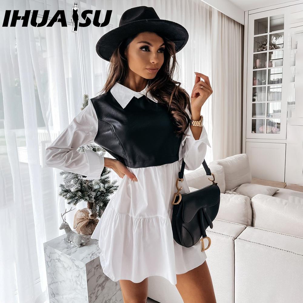 IHUASU Модное женское кожаное платье в клетку мини-платье в стиле пэчворк с юбкой для вечеринки и повседневного использования, весеннее платье с оборками