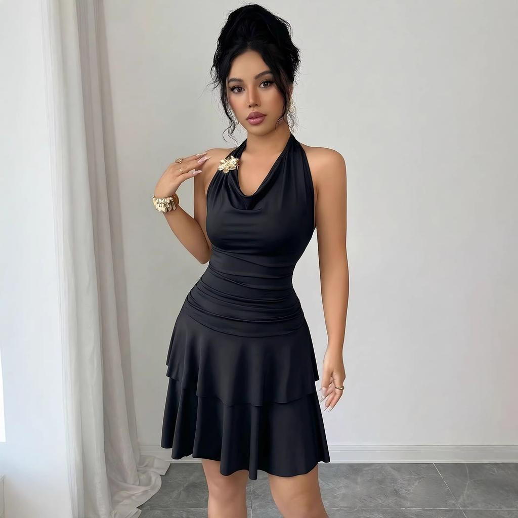 Black Halter High Waist Slimming Ruched Bodycon Mini Dress
