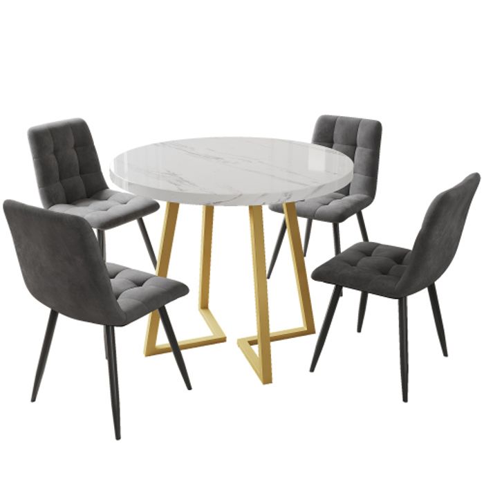Ensemble de table à manger - MUVOE - Table ronde 80 cm - 4 chaises en velours - Métal