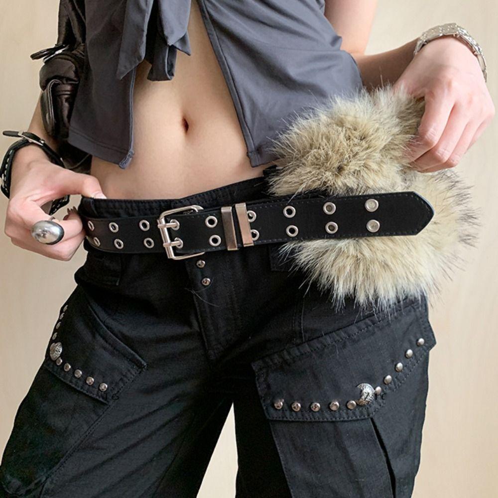 PU Leather Furry Waistband Rivet Plush Belt Fashion Leather Fur Belt  Female/Girls