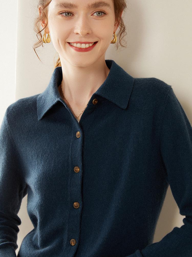 Women's Long Sleeve Cashmere Polo Neck Sweater with Lapel - Korean Style Cardigan Outerwear