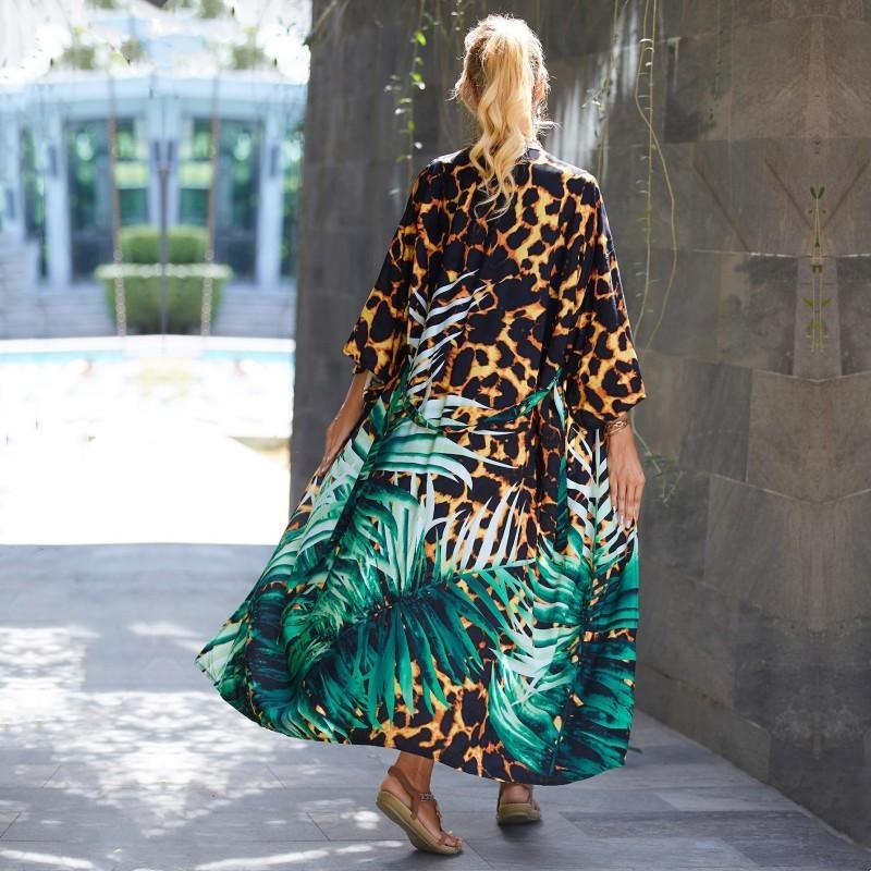 EDOLYNSA Зеленый купальник с леопардовым принтом, накидка в винтажную полоску с поясом, женское летнее длинное платье-кимоно, пляжное бикини, накидка Q1521