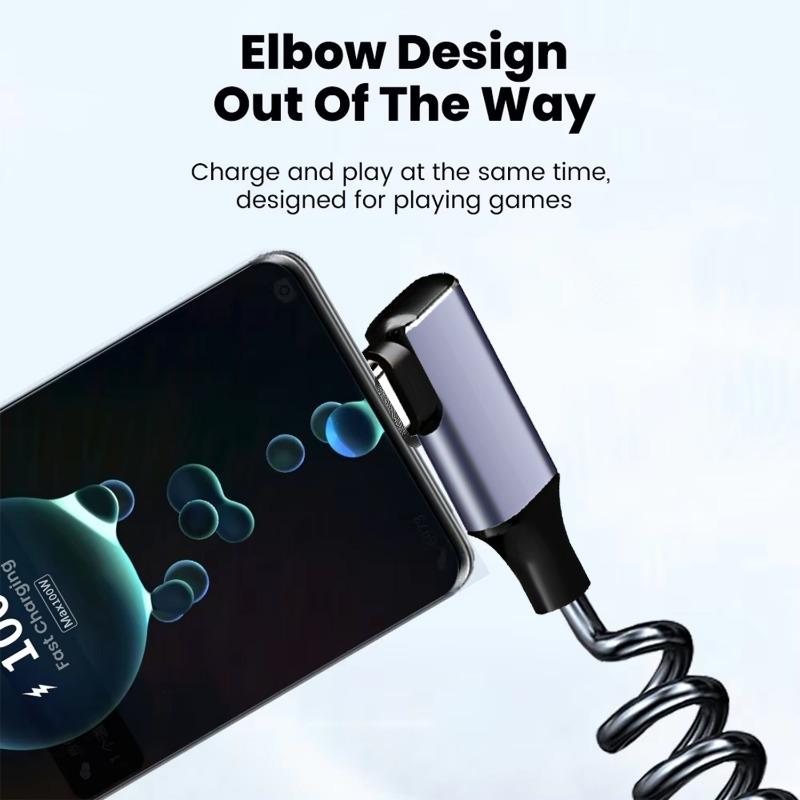 100 Вт 90-градусный пружинный USB C Type C кабель для передачи данных прямой/локтевой быстрая зарядка двойной шнур Type-C для Samsung Xiaomi IPhone линия передачи данных