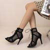Sexy High Heels Hollow Mesh Sandals Women Summer Cross-tied Peep Toe Heeled Sandals Ankle Strap Dance Shoes Black Net Sandals