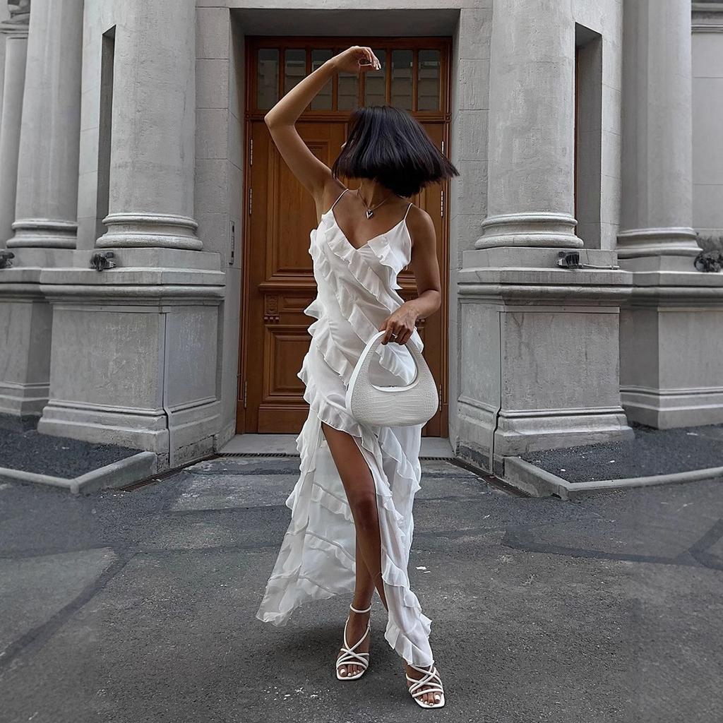 Сшитое платье-комбинация с оборками, на бретельках, длинное, европейское и американское, летнее, новое, сексуальное, с разрезом, облегающее платье