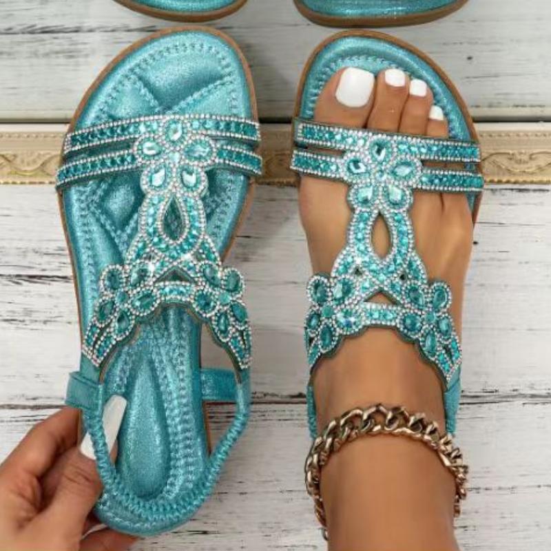 Удобная женская обувь, сандалии на плоской подошве со стразами, повседневные полые сандалии большого размера