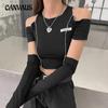 Patchwork Black T-shirts Gothic One Shoulder Sleeve Y2k Crop Tops Ruffles Hem Hip Hop Techwear Women's Tees