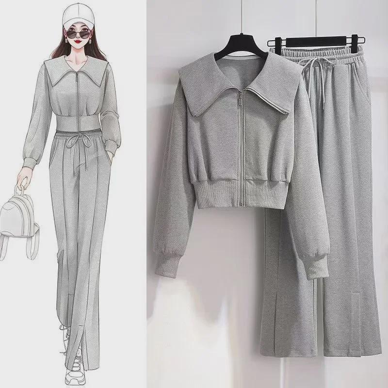 Женский комплект из двух предметов: Куртка с длинными рукавами и широкие брюки с высокой талией — идеальный вариант для повседневной моды на весну/осень