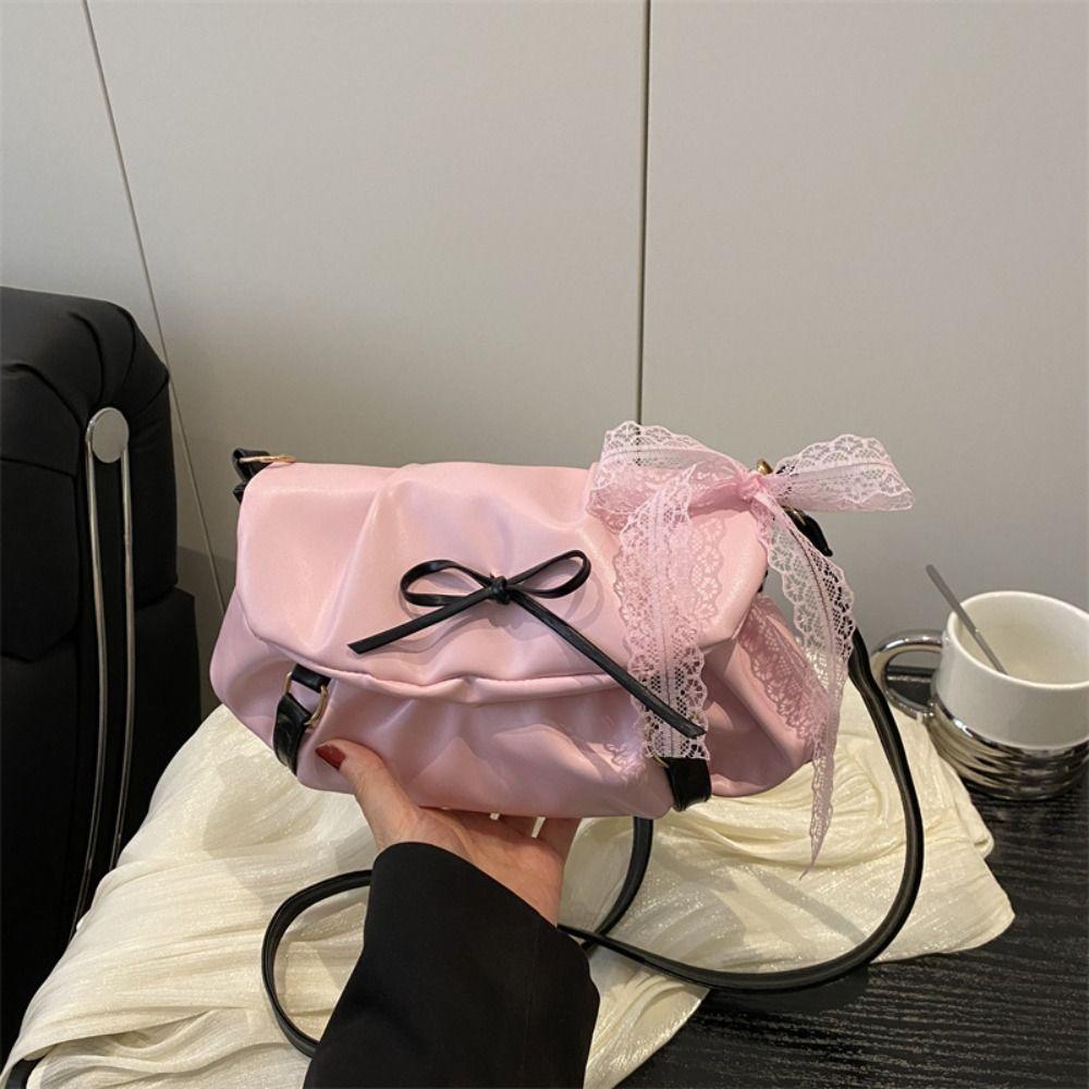 Korean Style Balletcore Underarm Bag PU Leather Bow Lace Handbag Y2k Shoulder Bags  Girls/Female