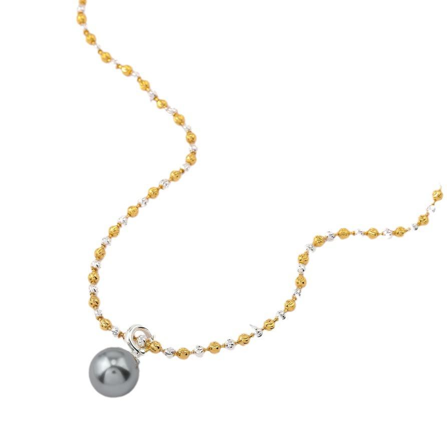 Original pearl pendant women's gold and silver color matching round faceted necklace Doudou chain niche high-end personalized sweater chain women