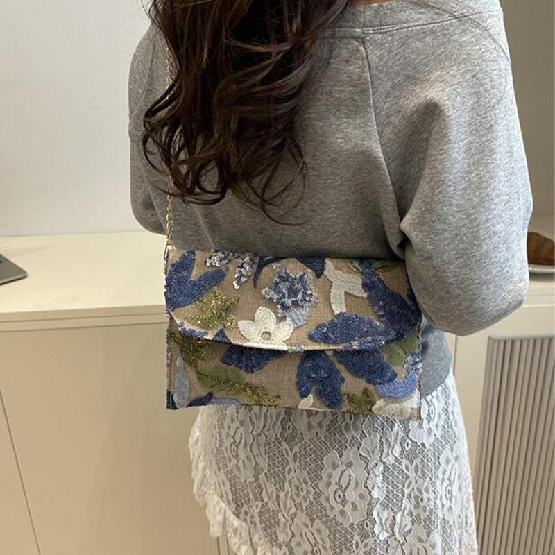 New Chinese Style Straw Woven Bag Versatile Chain Shoulder Crossbody Envelope Sequin Beaded Floral Embroidery Evening Clutch