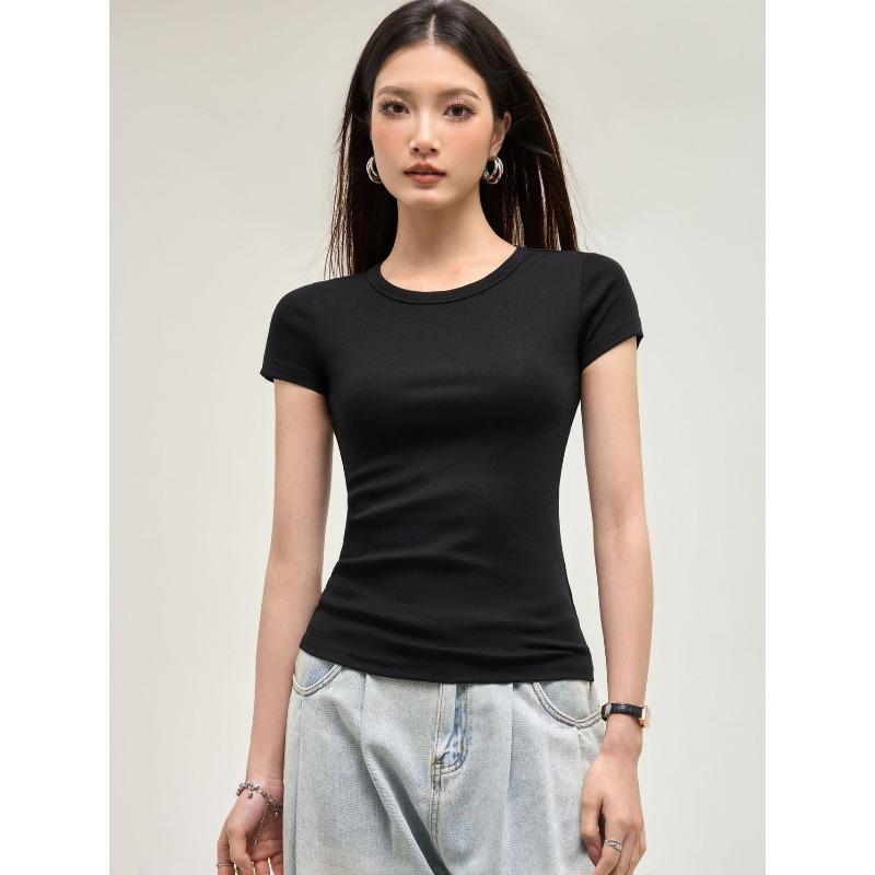 Женская рубашка с коротким рукавом на плечо, весенне-летняя новинка, однотонная, универсальная, простая, с круглым вырезом, облегающая, топ