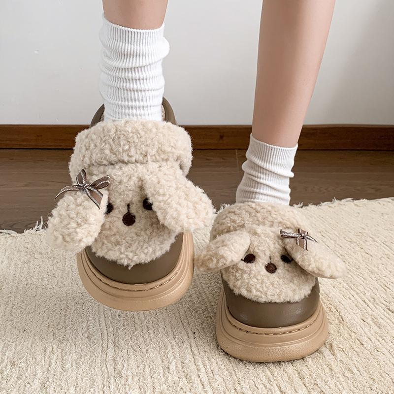 Fashion Cute Short Plush Cartoon Puppy Indoor Slippers Women Winter Warm Faux Fur Cotton Slides Comfort Thick Bottom Bedroom Slippers