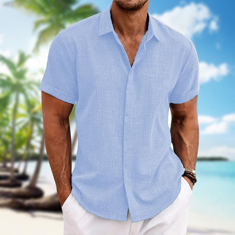 Мужская рубашка с короткими рукавами из хлопка и льна, легкая, приятная для кожи пляжная рубашка, свободная, повседневная, однотонная, модная мужская одежда