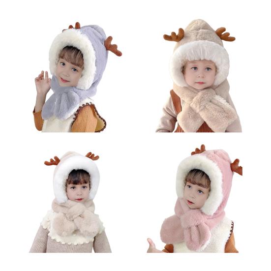 Детская шапка с дизайном шарфа, украшение в виде рогов, утолщенная теплая плюшевая зимняя шапка, ветрозащитная, для ношения на открытом воздухе зимой