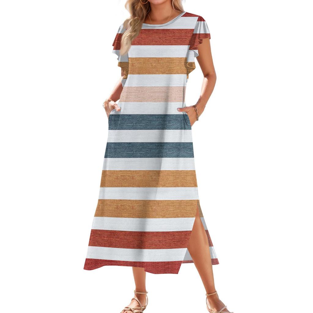 Женское модное летнее повседневное пляжное платье с плиссированными рукавами, свободными полосатыми короткими рукавами, круглыми завязками и карманами
