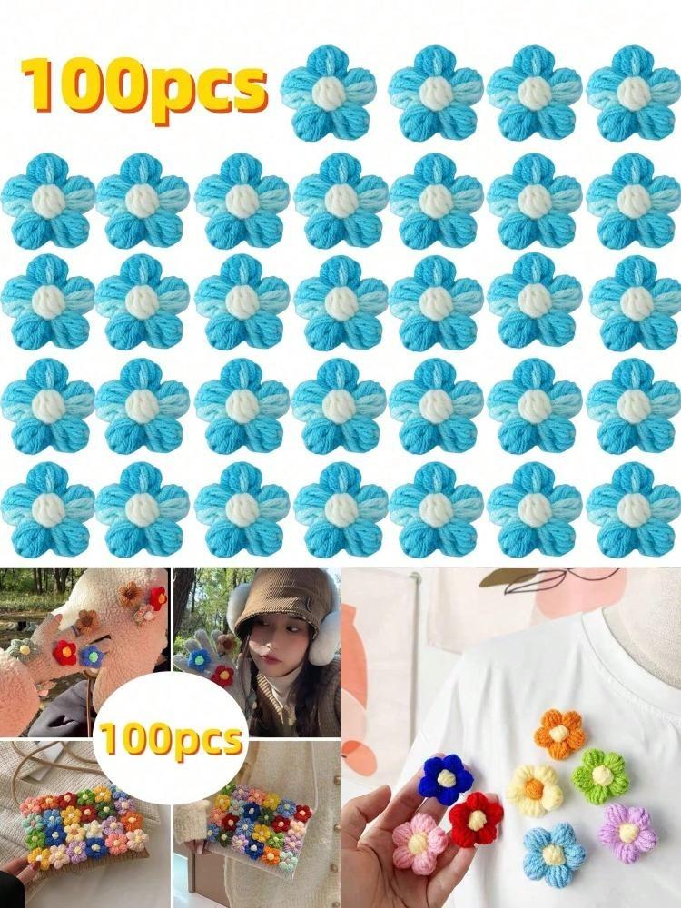 100Pcs Crochet Flowers Puff Flower Gradient Color Knitted Handmade Crochet Flowers for Crafts Embellishment DIY Hair Headband Hat Clothing Accessories