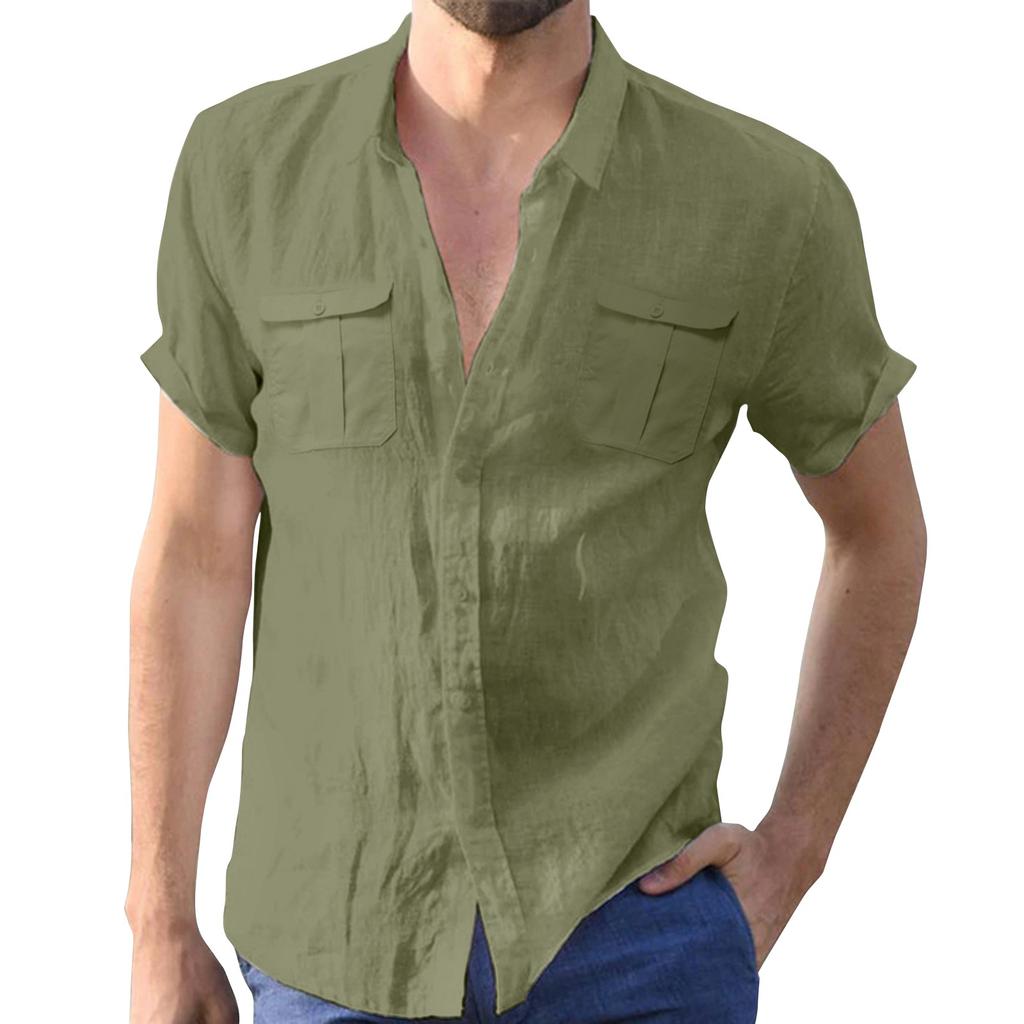Men's Summer Solid Color Cotton Linen Short Sleeve Shirt Casual Fashion Loose Lapel Shirt