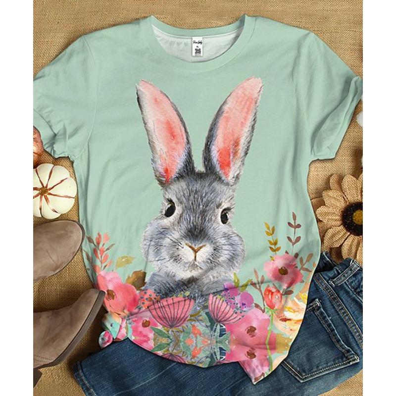 Летний топ с круглым вырезом и принтом 3D кролика, модные повседневные женские футболки с короткими рукавами
