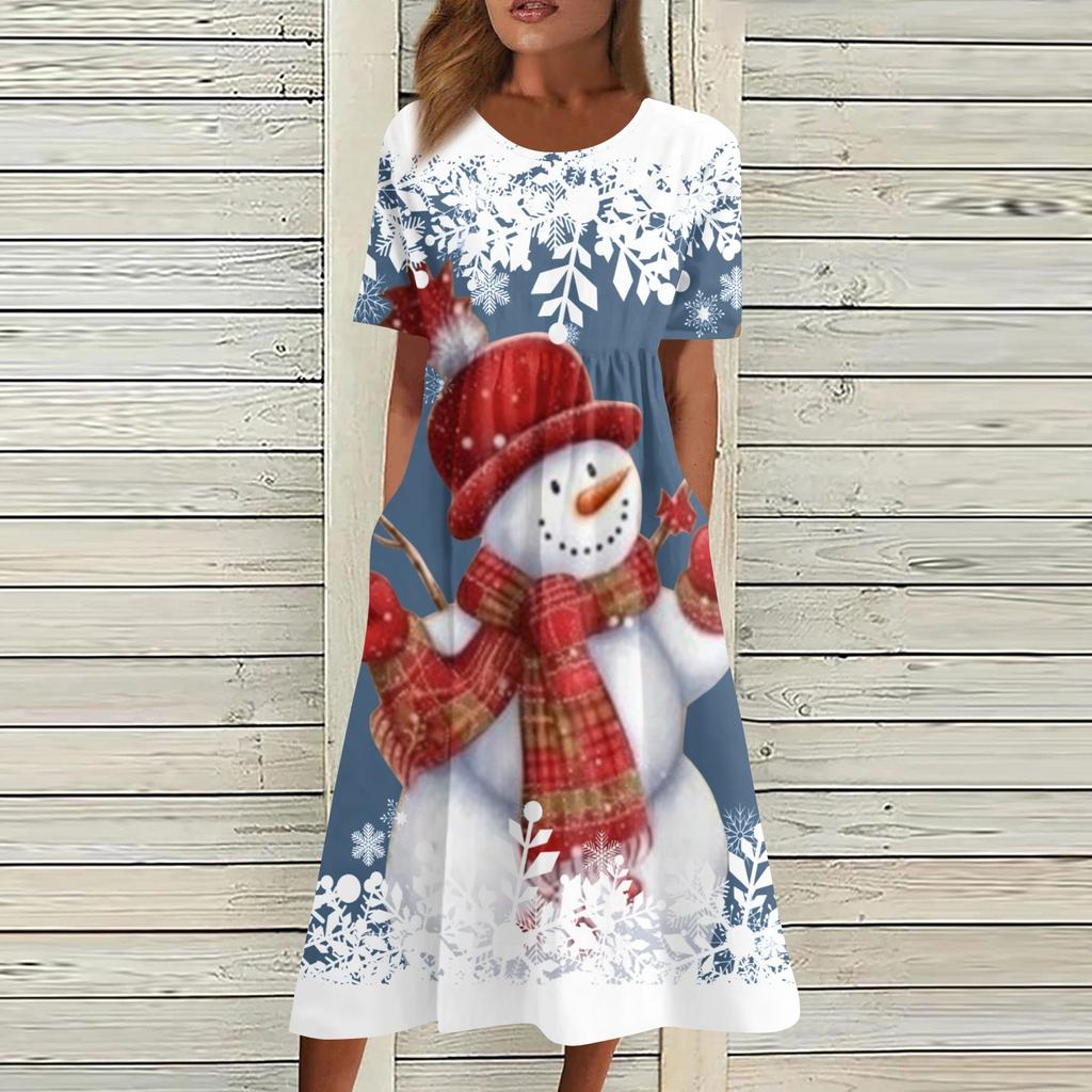Women's Casual Fashion Christmas Print O-neck Dress