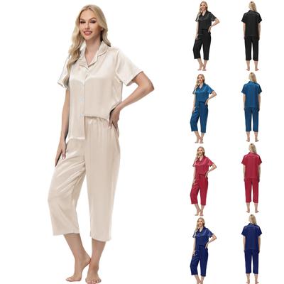 Костюм из атласа Ice Silk с коротким рукавом, укороченные брюки, женская домашняя одежда