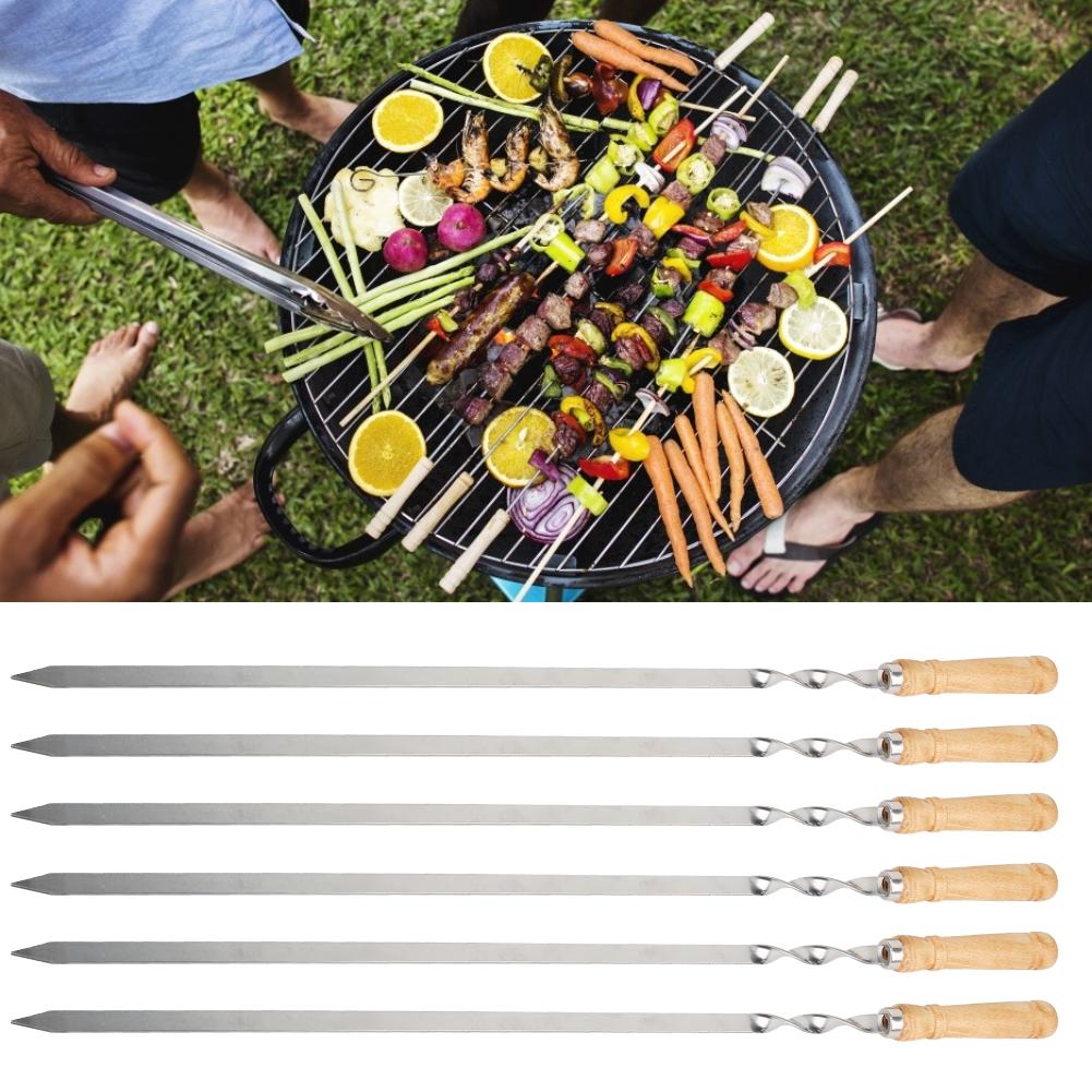 6Pcs Stainless Steel BBQ Sticks Grill Skewers BBQ Flat Skewers Grilling Tools for Kitchen