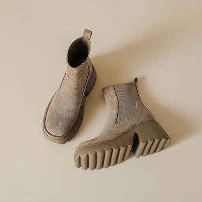 Замшевые эластичные короткие ботинки женские 2025 осень и зима на толстой подошве на толстом каблуке короткие ботинки ретро универсальные на высоком каблуке тонкие ботинки