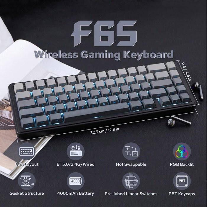 EPOMAKER x AULA F65 65% Беспроводная механическая клавиатура – С возможностью горячей замены, Gasket Mount, RGB-подсветка, Bluetooth/2,4 ГГц/USB-C, Линейные переключатели с предварительной смазкой