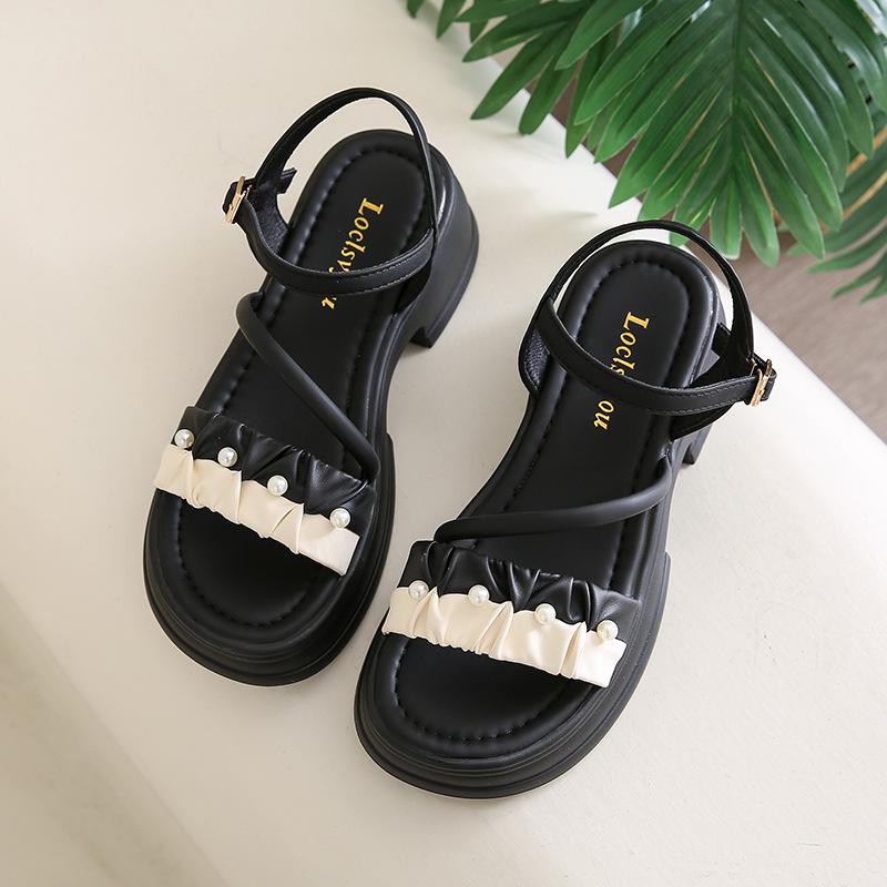 Thickened Heightening Sandals Women's 2025 Summer New Fashion One-word Pearl Belt Fashion Shoes Beach Sandals Women