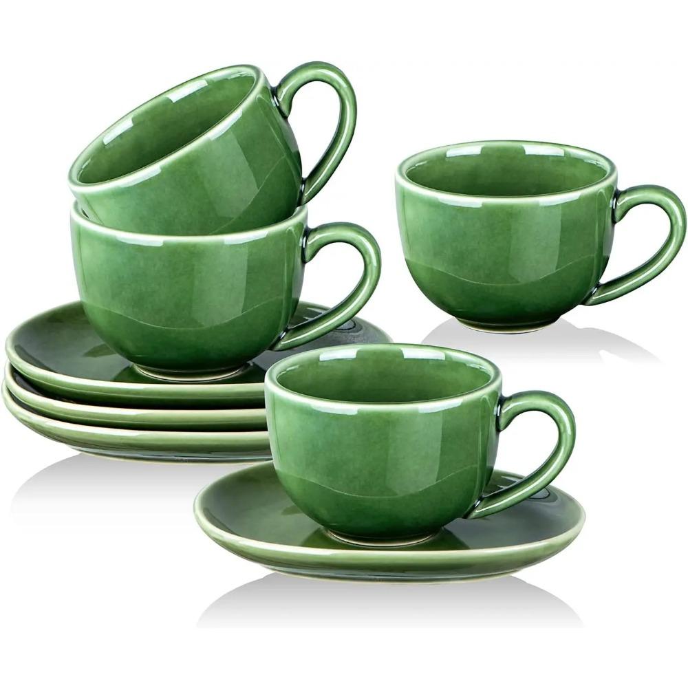 Чашки для капучино 6,5 унций с блюдцами, набор из 4 штук, керамическая кофейная чашка для кофе-о-ле, двойного эспрессо, латте, мокко