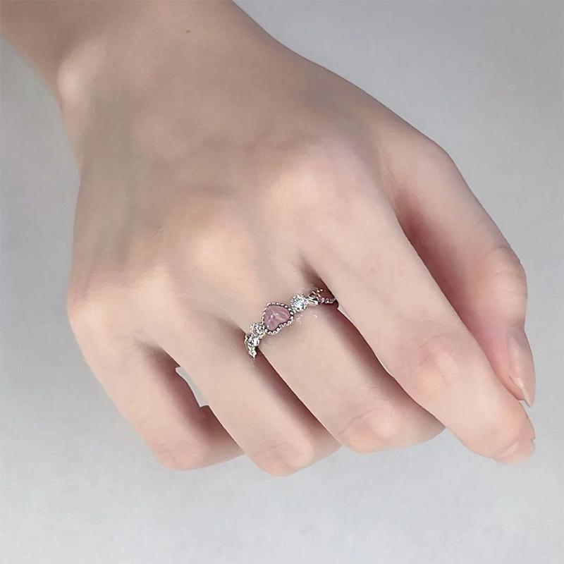 Кольцо серебристого цвета с розовым сердцем-опалом, креативное кольцо на палец, винтажная эстетика, милые панк-кольца для женщин, очаровательные ювелирные аксессуары