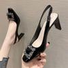 8-Summer Back Empty Thick Heels High Heels Patent Leather Square Buckle Single Shoes Women's Professional Bag Head Sandals Breathable