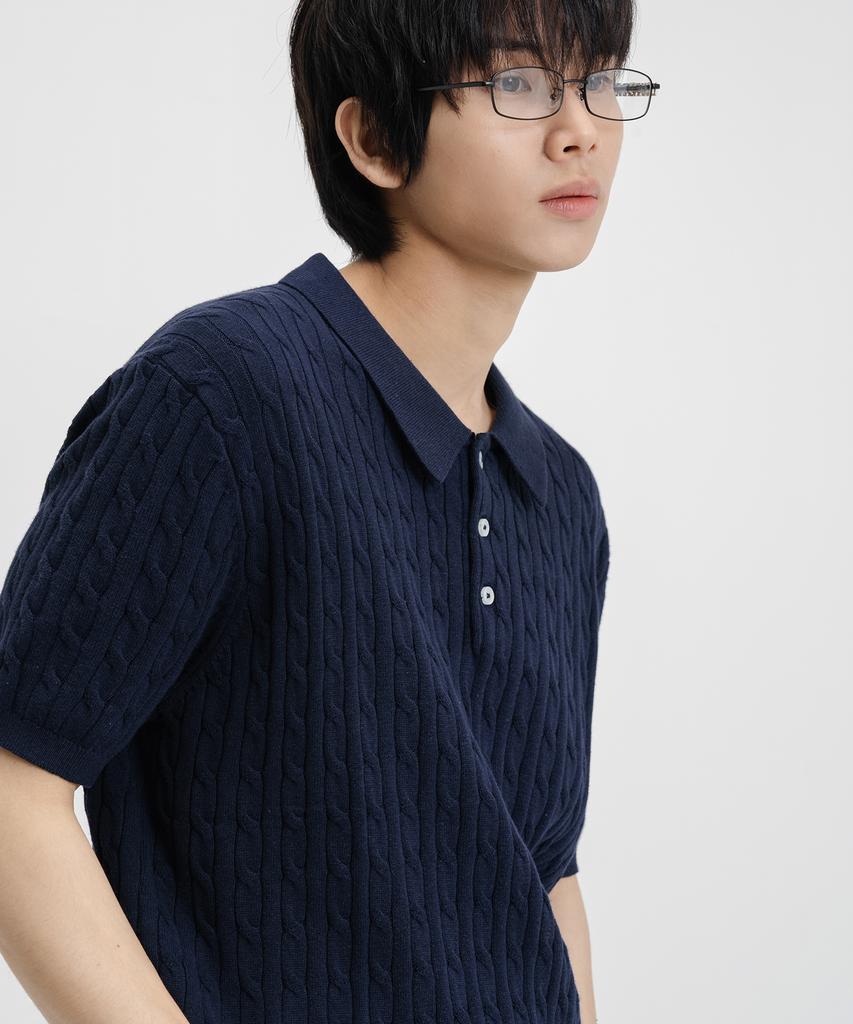 LEMAIN SECOND Oversized Washable Collared Cable Short Sleeve Knit [Navy]
