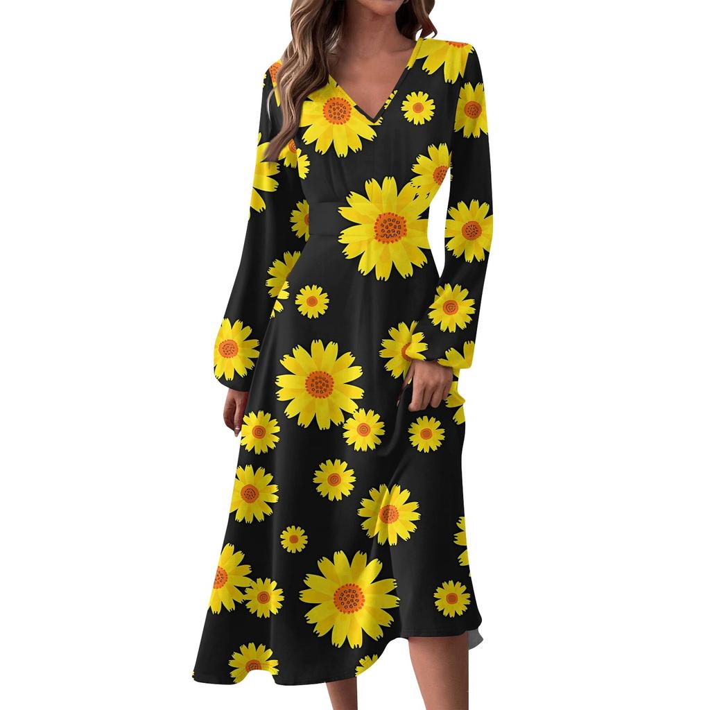 Женское осенне-зимнее повседневное модное длинное платье с v-образным вырезом и длинным рукавом с принтом