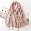 Yitao Soft Pink Floral Scarf - Cotton & Linen Feel with Silver Silk Accents, Fashionable Ladies' Shawl