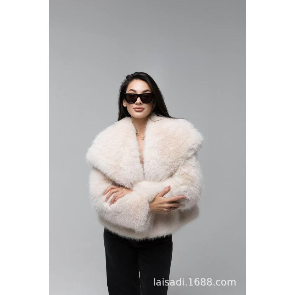 Women's Lapel Long Sleeve Faux Fur Short Coat Loose Sweet Solid Color Warm Winter Furry Outerwear Jacket